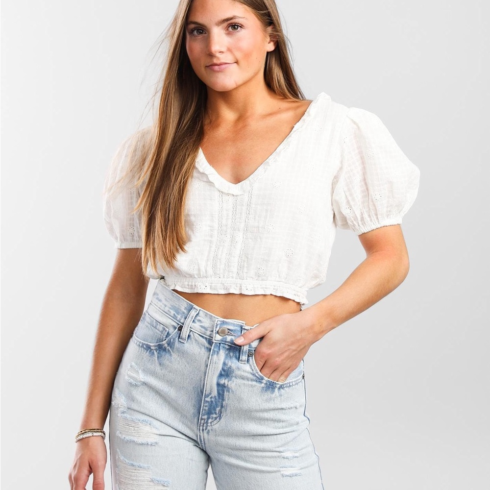 Billabong x Wrangler White Simply Sweet Cropped Top Puff Sleeve Blouse